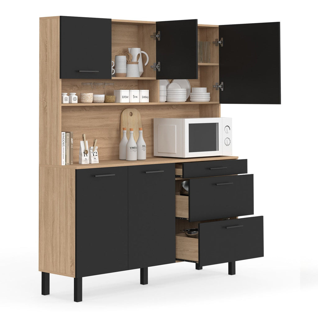 Buffet casserolier de cuisine 140 cm CINA 5 portes + 3 tiroirs décor hêtre et noir