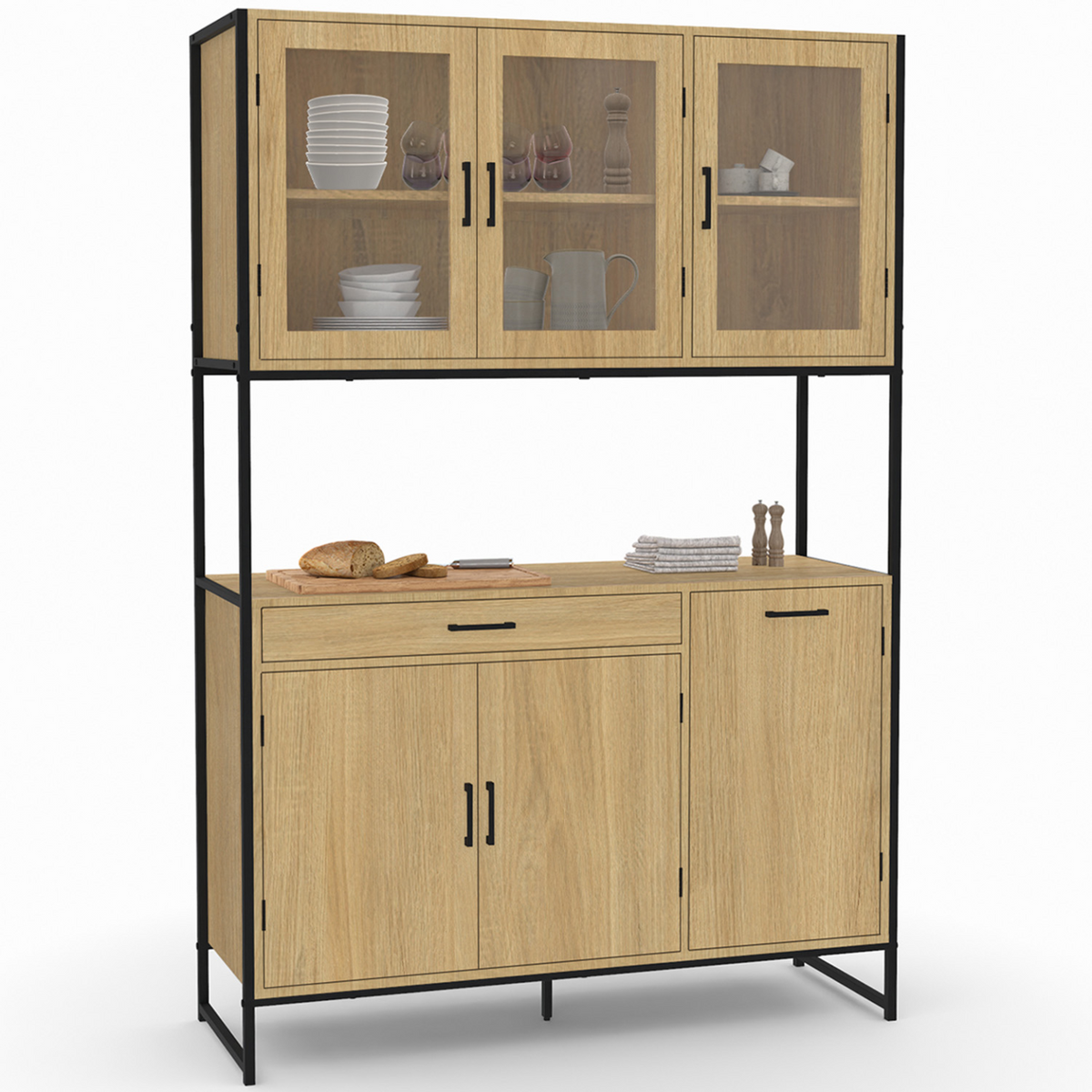 Buffet de cuisine vitré 120 CM DETROIT vaisselier 6 portes design industriel + tiroir