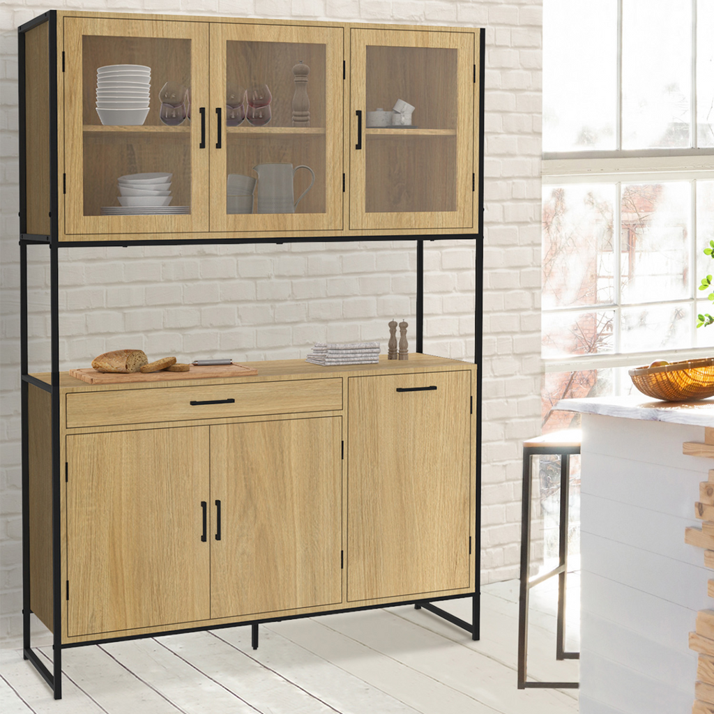 Buffet de cuisine vitré 120 CM DETROIT vaisselier 6 portes design industriel + tiroir