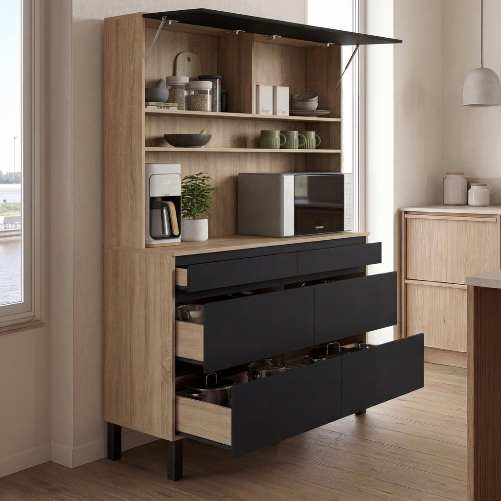 Buffet de cuisine double casserolier 120 cm CLAUDE 6 tiroirs + 1 placard bois et noir