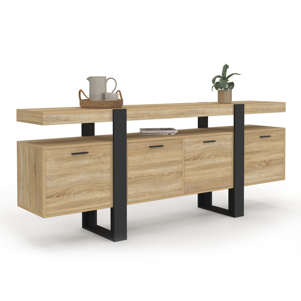 Buffet enfilade 200 cm PHOENIX XXL 4 portes avec niche bois et noir