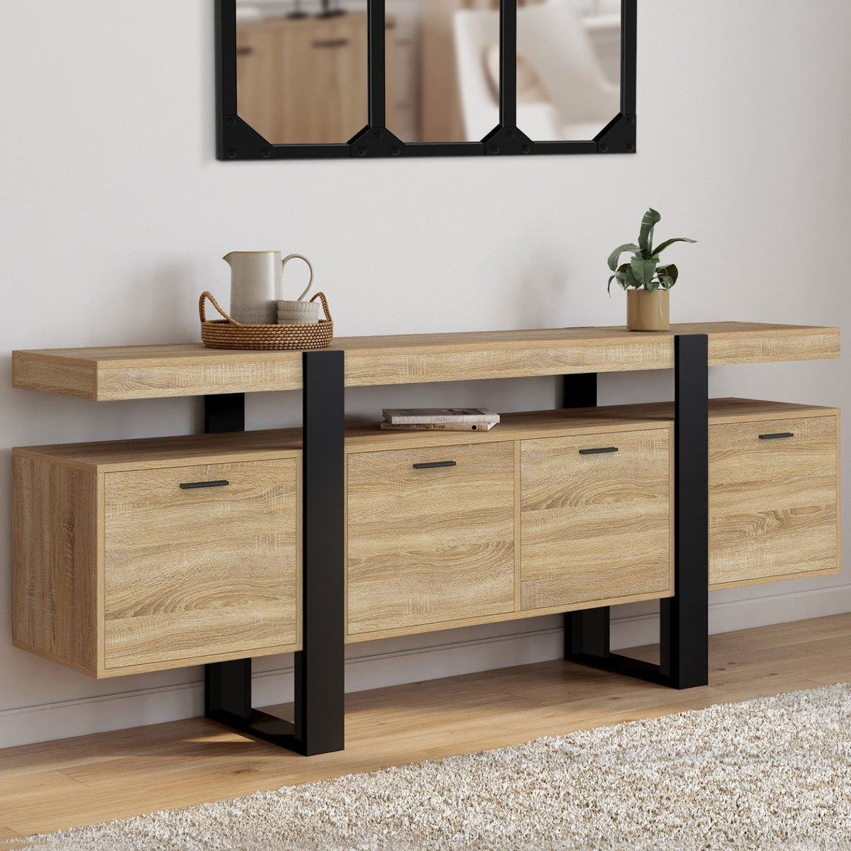 Buffet enfilade 200 cm PHOENIX XXL 4 portes avec niche bois et noir