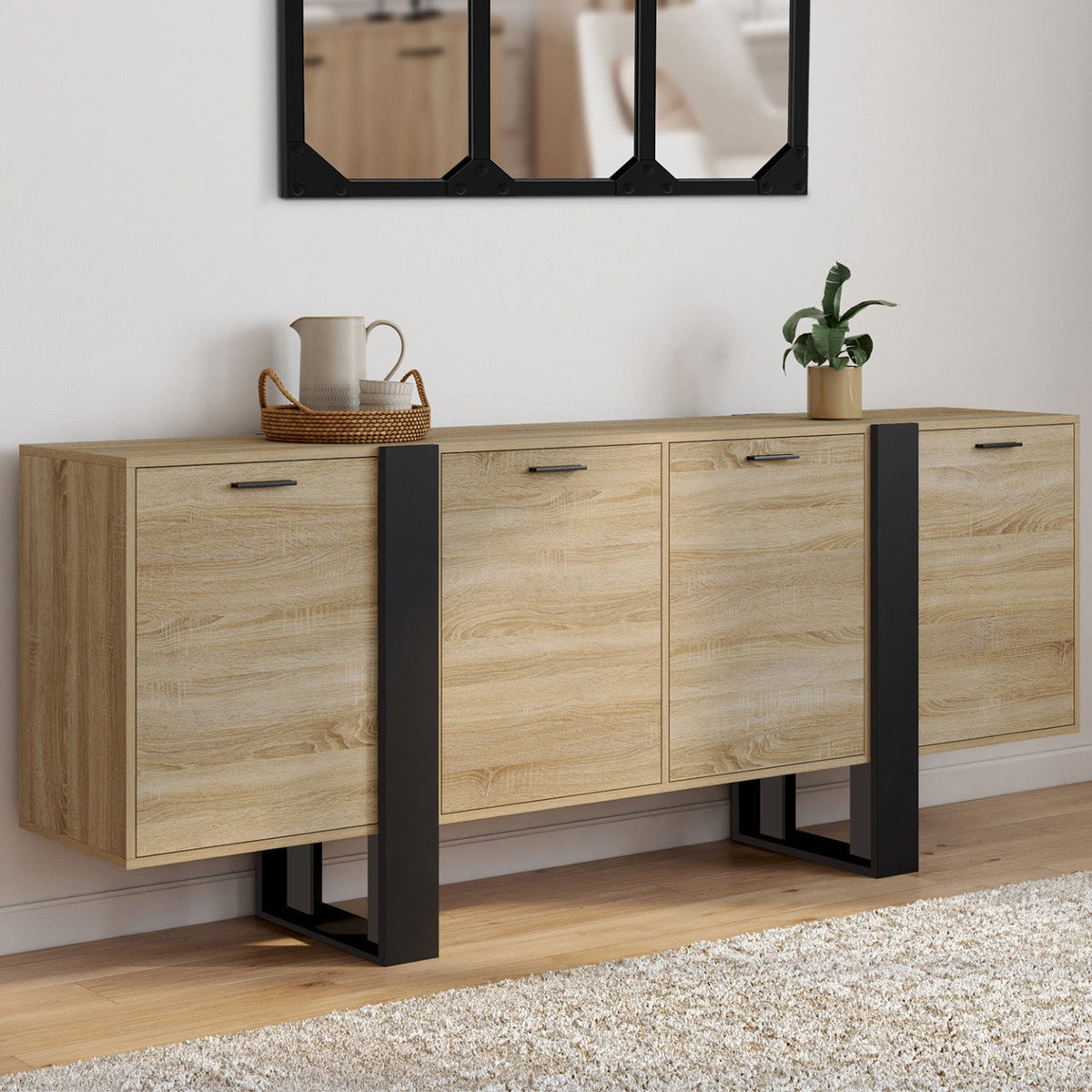 Buffet enfilade PHOENIX XXL 200 cm, 4 portes, bois et noir