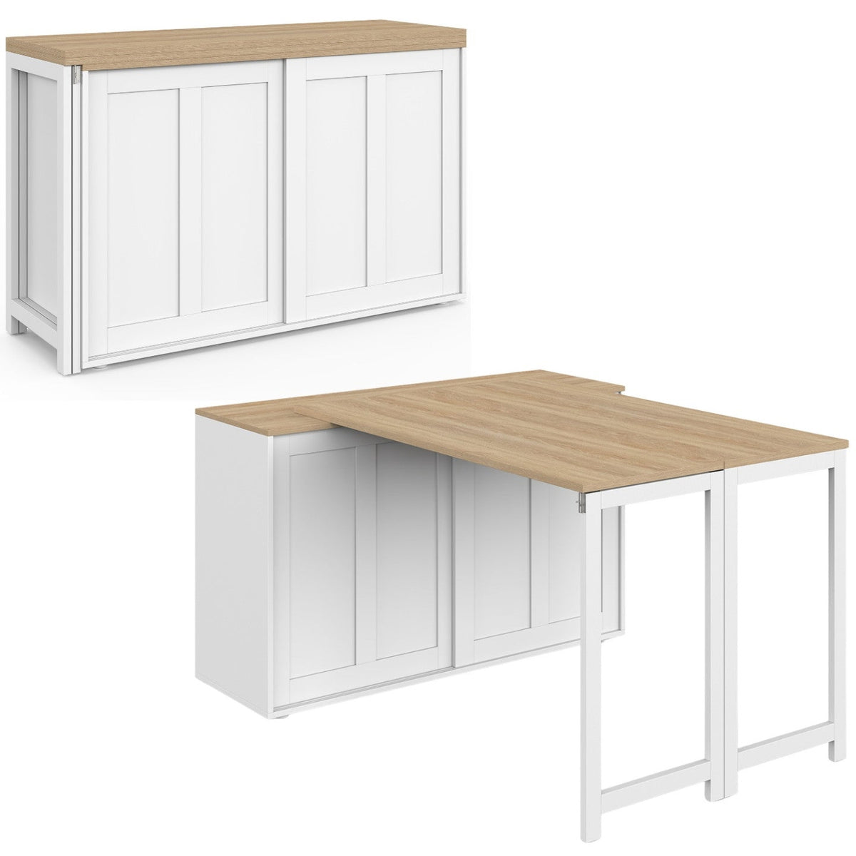 Buffet extensible 120 cm 2 portes coulissantes avec table à manger rotative et pliable JANGO 2 à 4 personnes blanc et bois