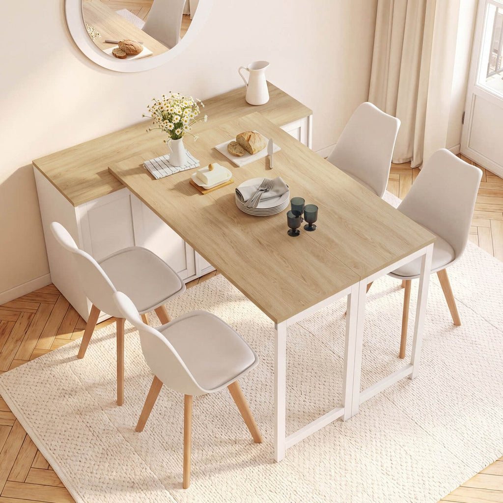Buffet extensible 120 cm 2 portes coulissantes avec table à manger rotative et pliable JANGO 2 à 4 personnes blanc et bois