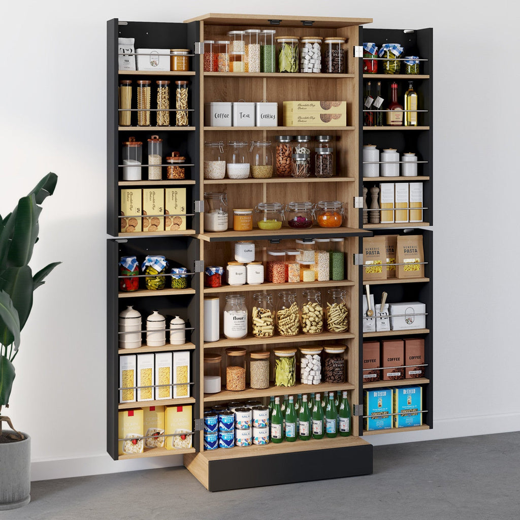 Buffet haut de cuisine 4 portes ALTO H.160 cm, coloris hêtre et noir avec rangements
