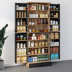 Buffet haut de cuisine 4 portes ALTO H.160 cm, coloris hêtre et noir avec rangements