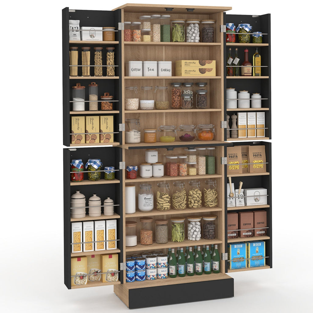 Buffet haut de cuisine 4 portes ALTO H.160 cm, coloris hêtre et noir avec rangements