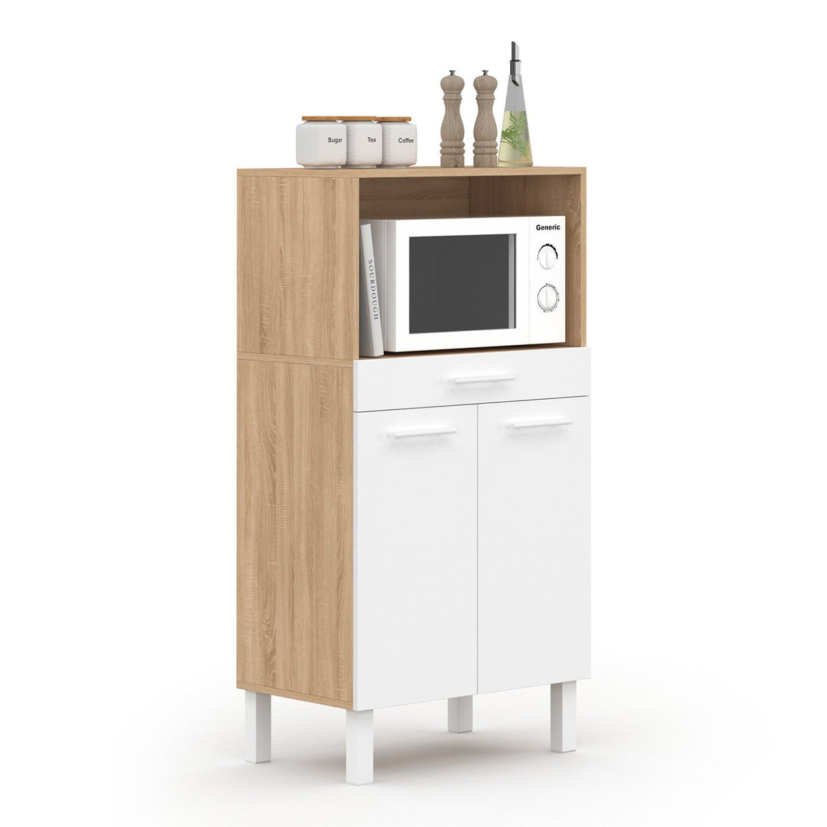Meuble de cuisine mi-haut pour micro-ondes 60 cm CINA, 1 tiroir et 2 portes, décor hêtre et blanc