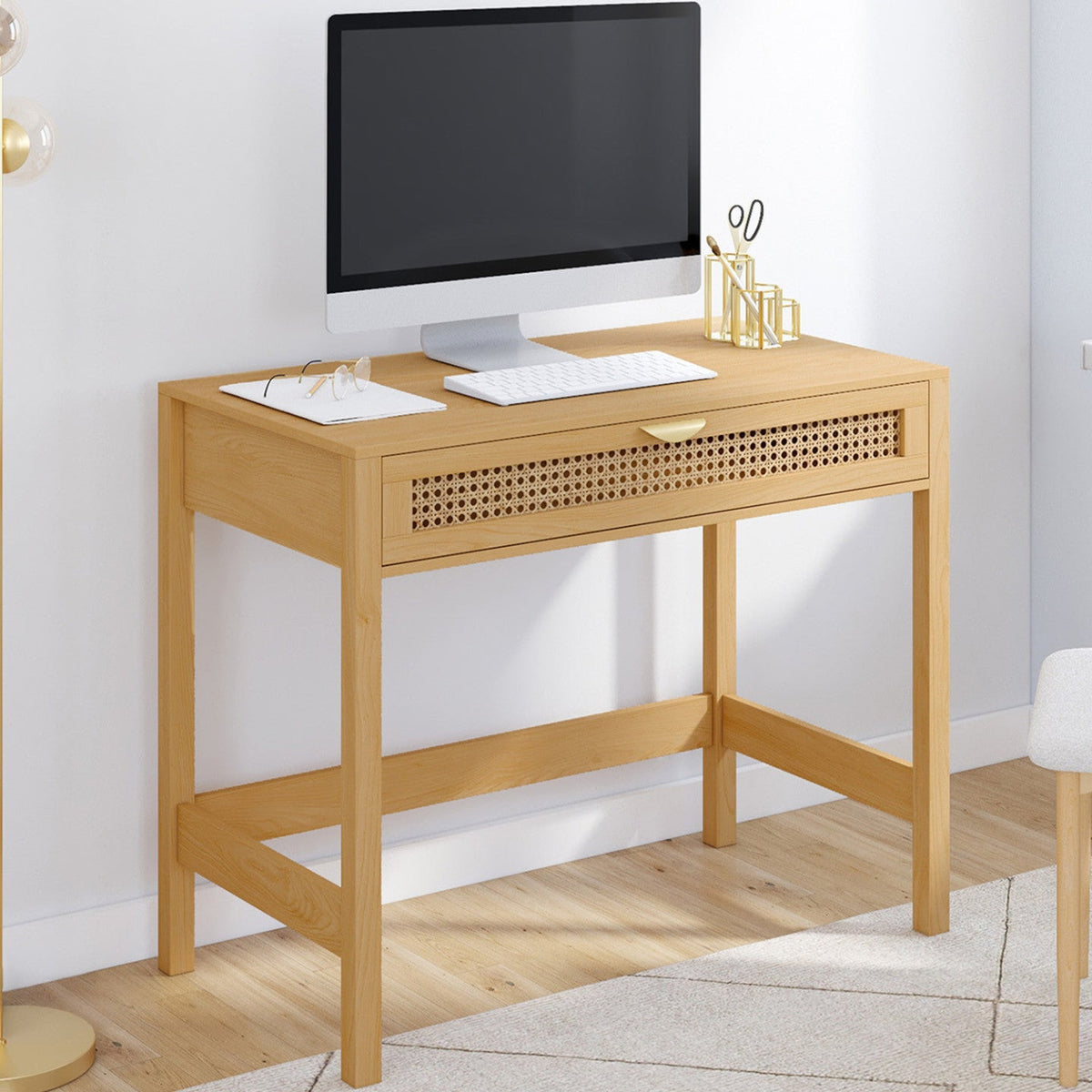 Bureau 1 tiroir EDHEN en bois et cannage