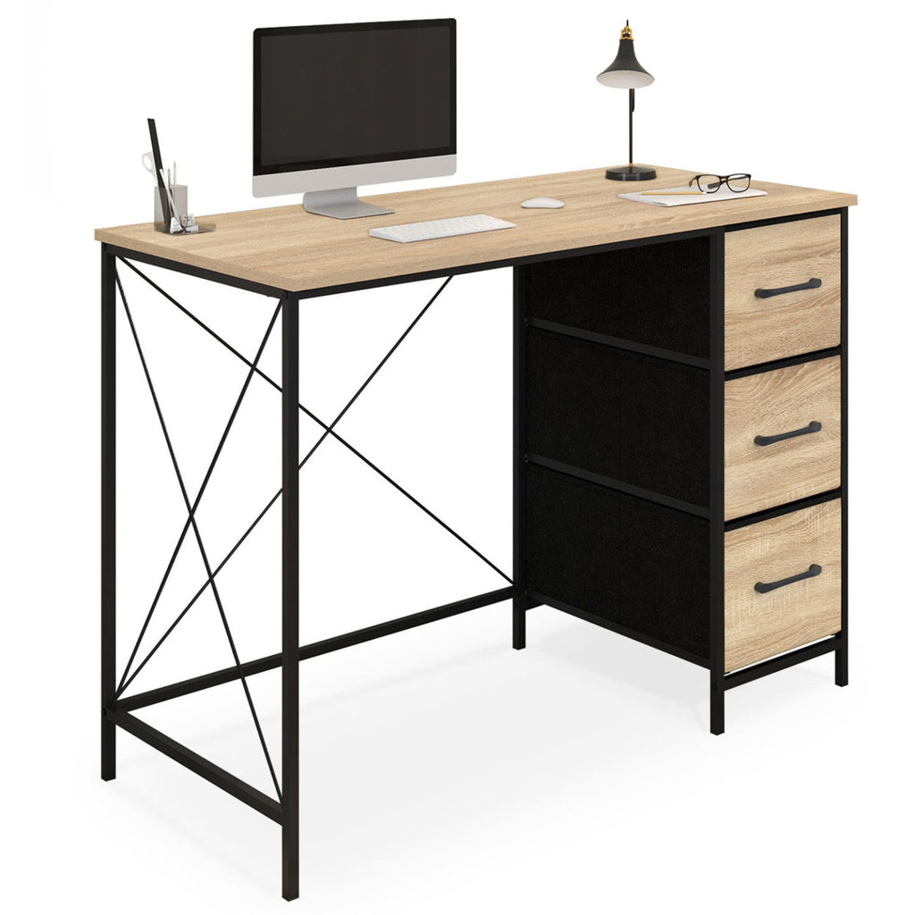 Bureau 3 tiroirs en tissu UTAH bois et noir design industriel