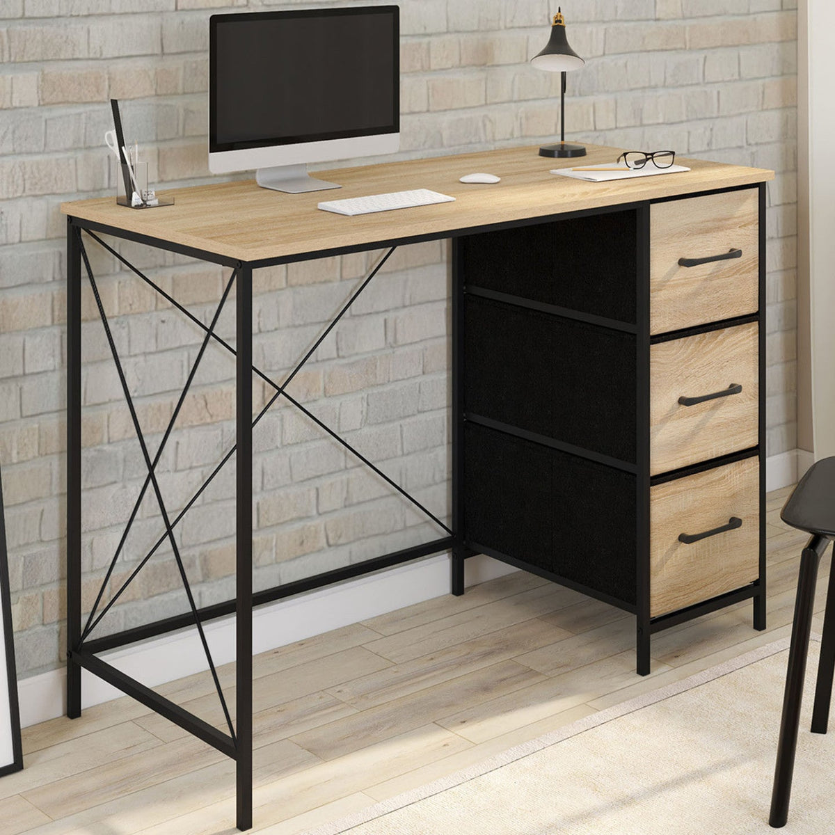 Bureau 3 tiroirs en tissu UTAH bois et noir design industriel