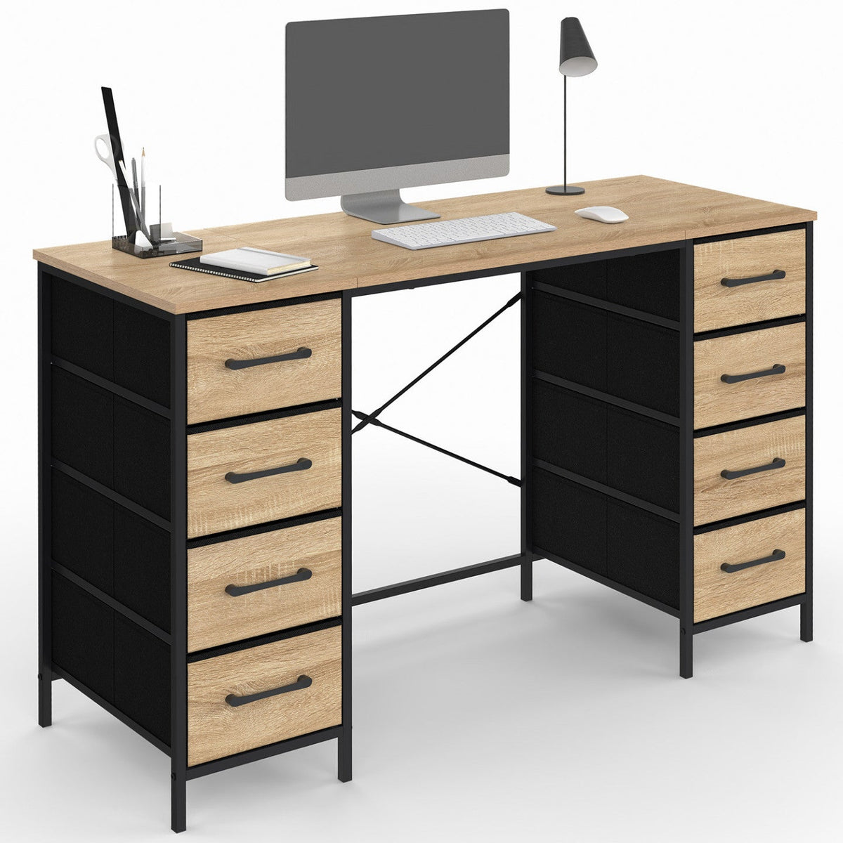 Commode 8 tiroirs en tissu 120x45 cm UTAH bois et noir design industriel