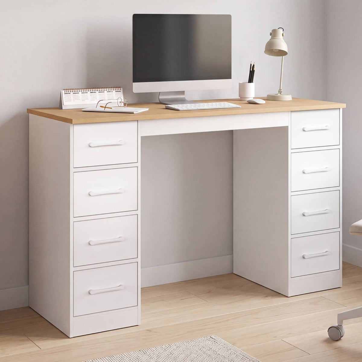 Commode avec 8 tiroirs en tissu 120x45 cm UPPAH blanc et bois