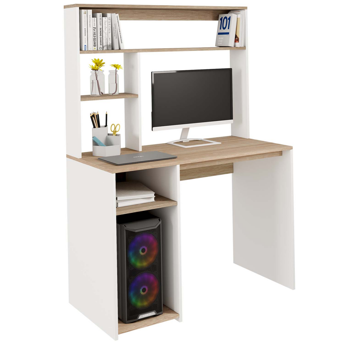 Bureau avec étagères de rangement DAN blanc et décor hêtre