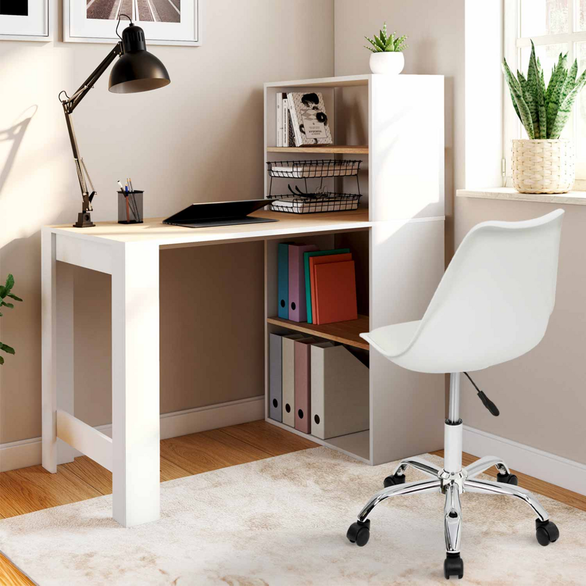 Bureau bibliothèque BEN avec étagères blanc et décor hêtre