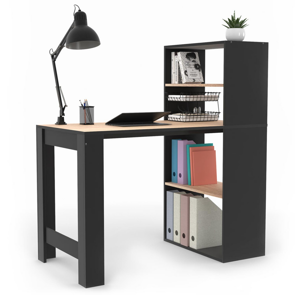 Bureau bibliothèque BEN avec étagères noir et décor hêtre