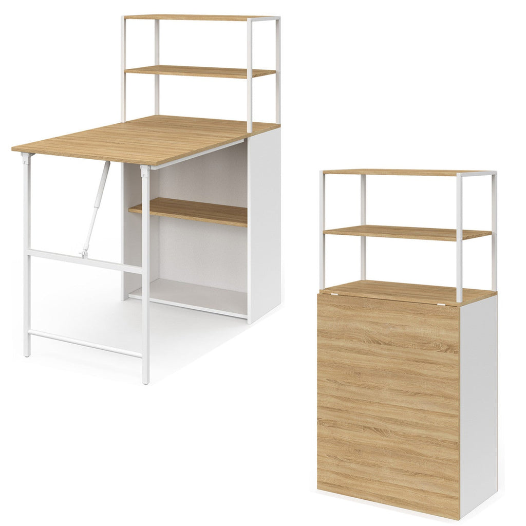 Bureau bibliothèque pliable RAY avec plateau rabattable, coloris bois façon hêtre et blanc