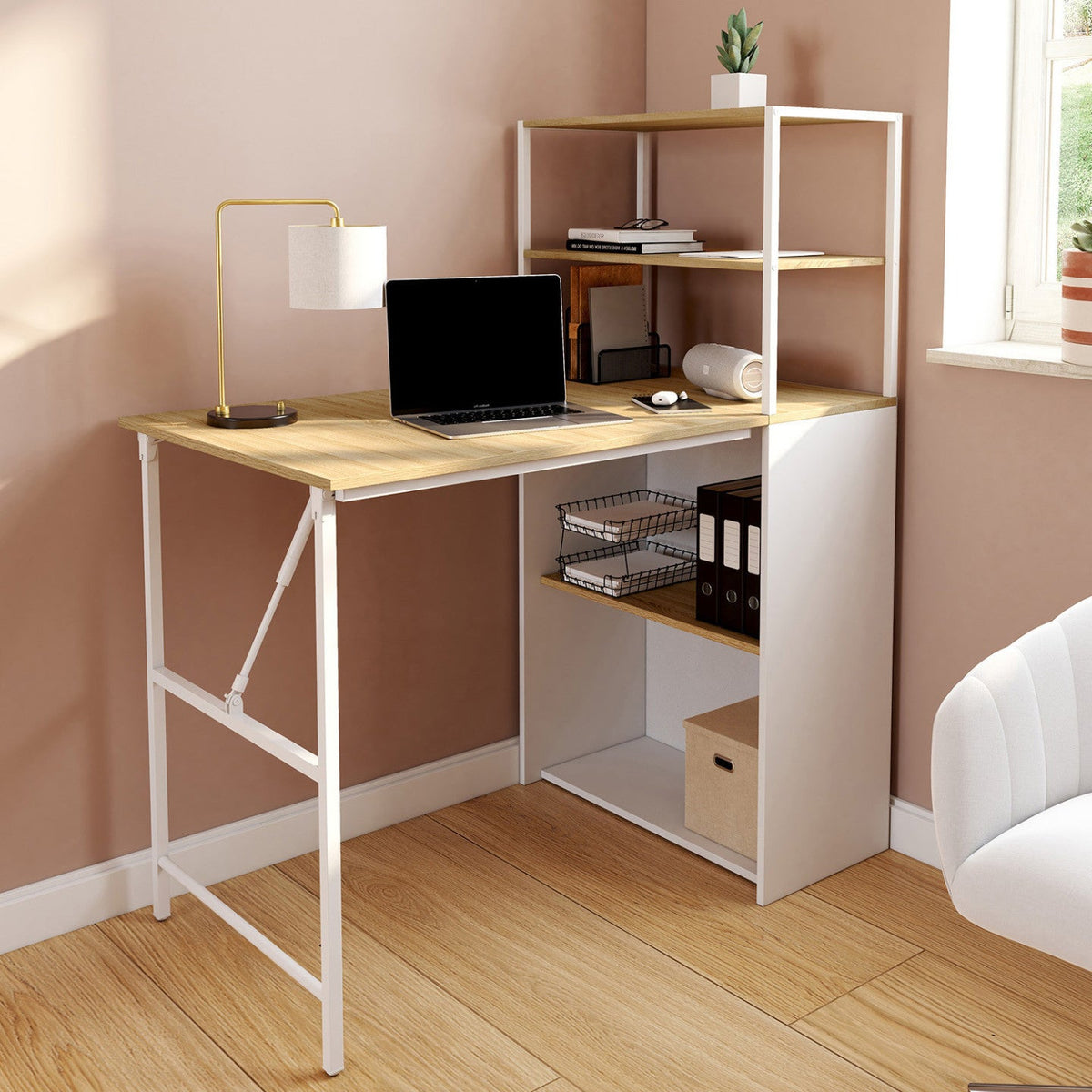 Bureau bibliothèque pliable RAY avec plateau rabattable, coloris bois façon hêtre et blanc