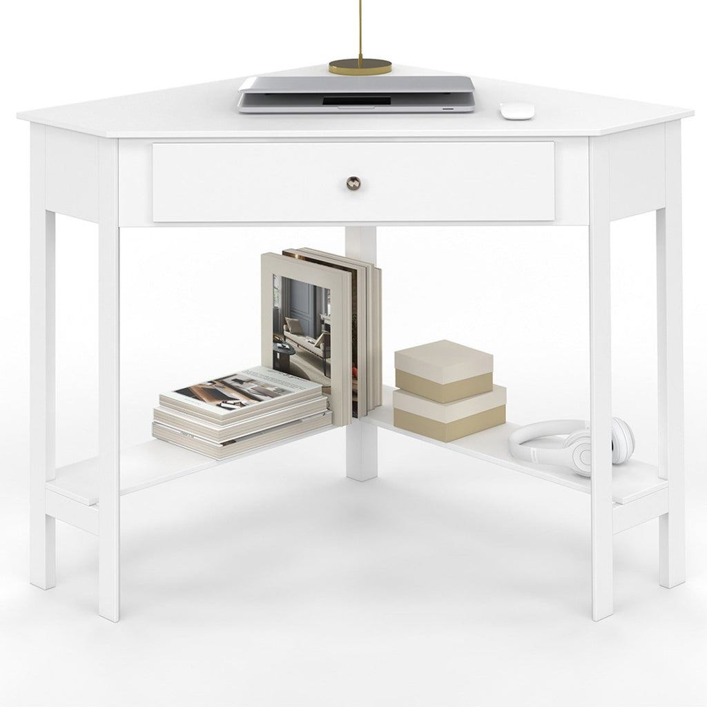 Bureau d'angle gain de place REMI blanc, bureau informatique avec rangements et 1 tiroir