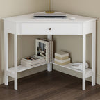 Bureau d'angle gain de place REMI blanc, bureau informatique avec rangements et 1 tiroir