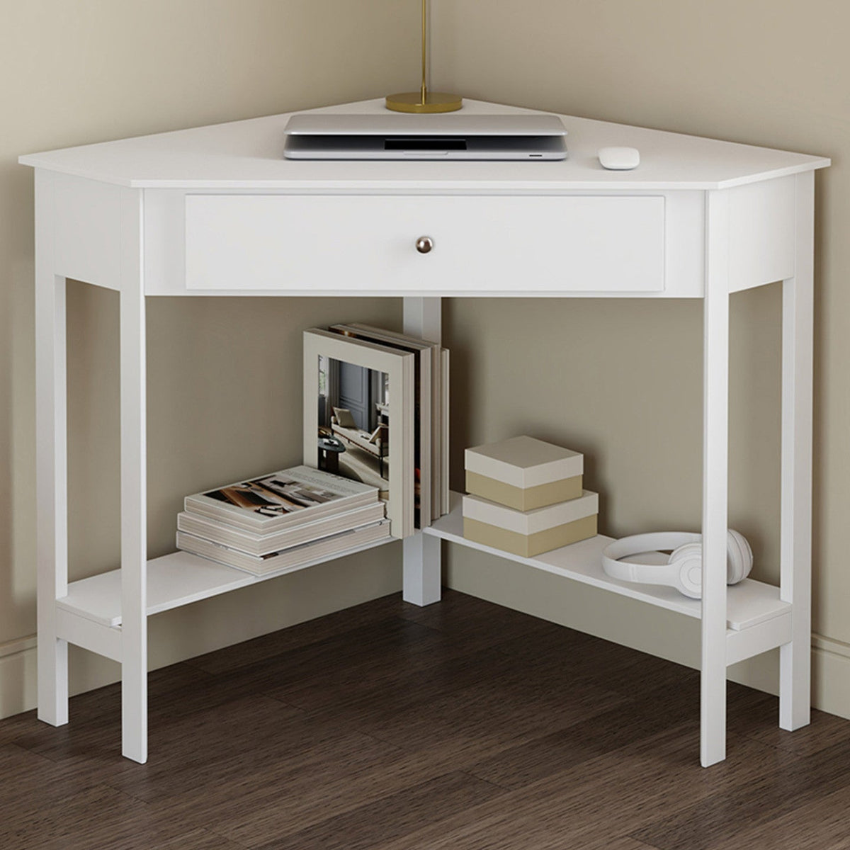 Bureau d'angle gain de place REMI blanc, bureau informatique avec rangements et 1 tiroir