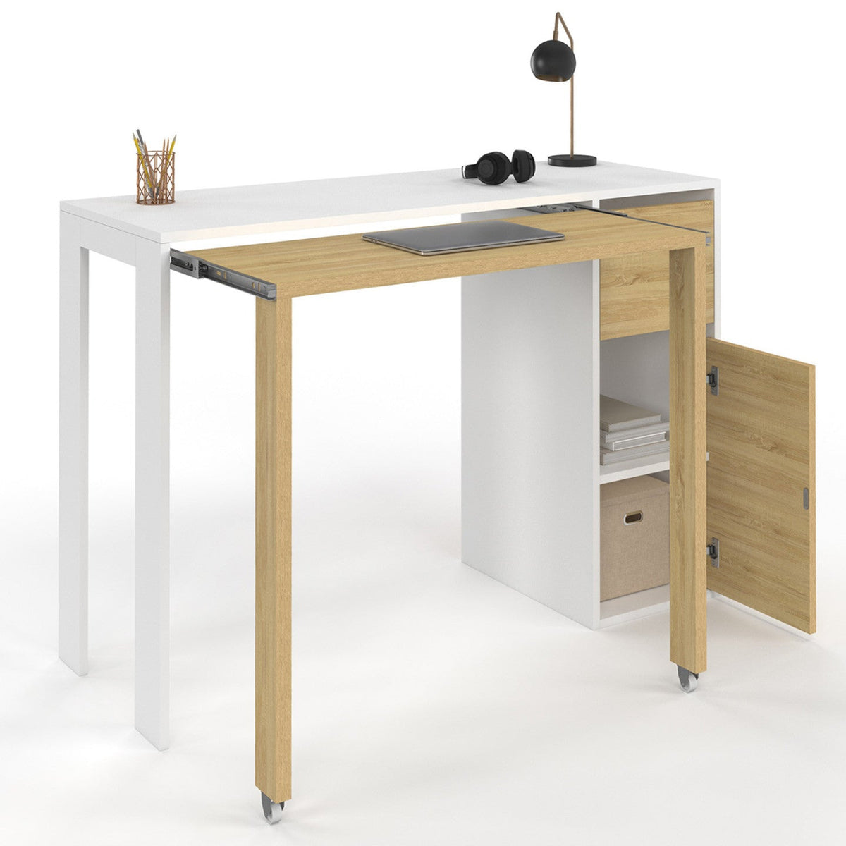 Bureau extensible RON avec colonne de rangement, tiroir et placard, blanc et bois