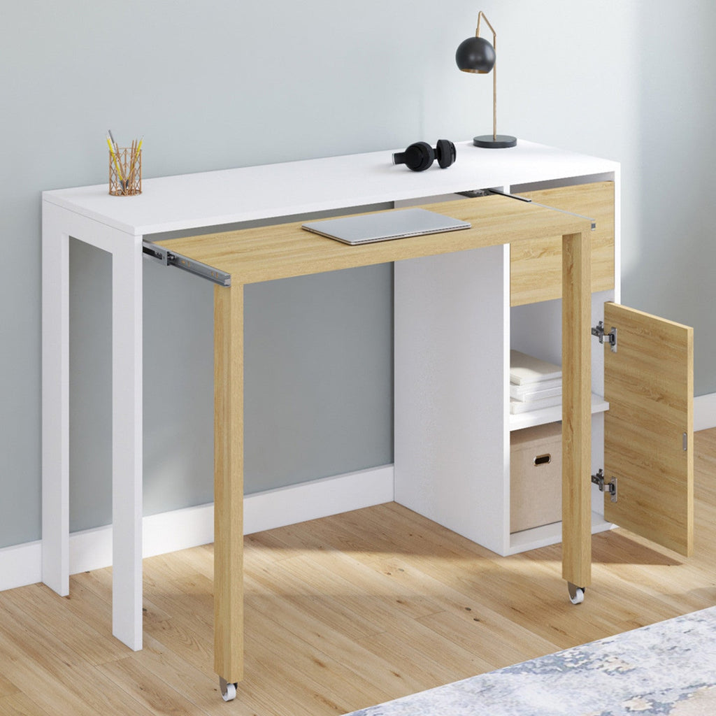 Bureau extensible RON avec colonne de rangement, tiroir et placard, blanc et bois