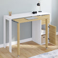 Bureau extensible RON avec colonne de rangement, tiroir et placard, blanc et bois