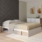 Cadre de lit double SALEM avec rangements et sommier 140 x 190 cm blanc et décor hêtre