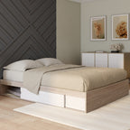 Cadre de lit double SALEM avec rangements et sommier 140 x 190 cm aspect hêtre et blanc