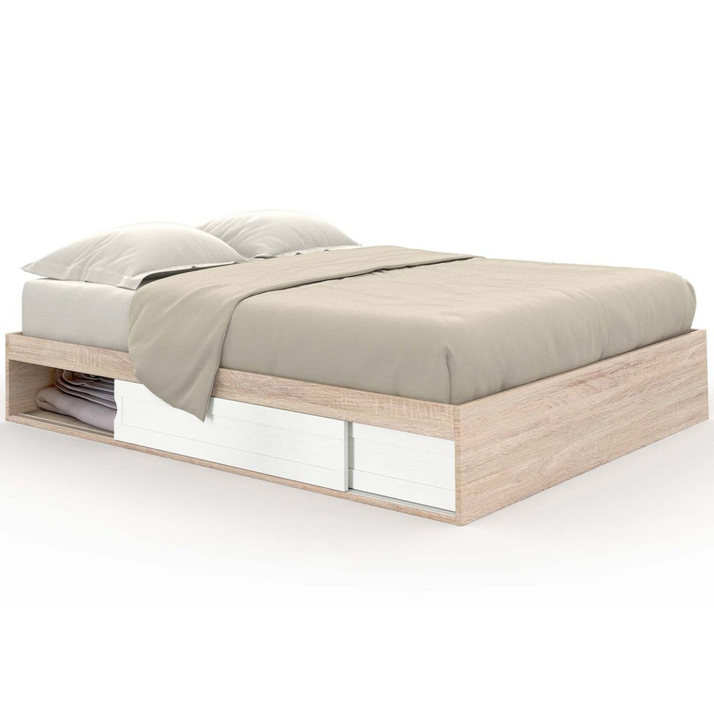 Cadre de lit double SALEM avec rangements et sommier 140 x 190 cm aspect hêtre et blanc