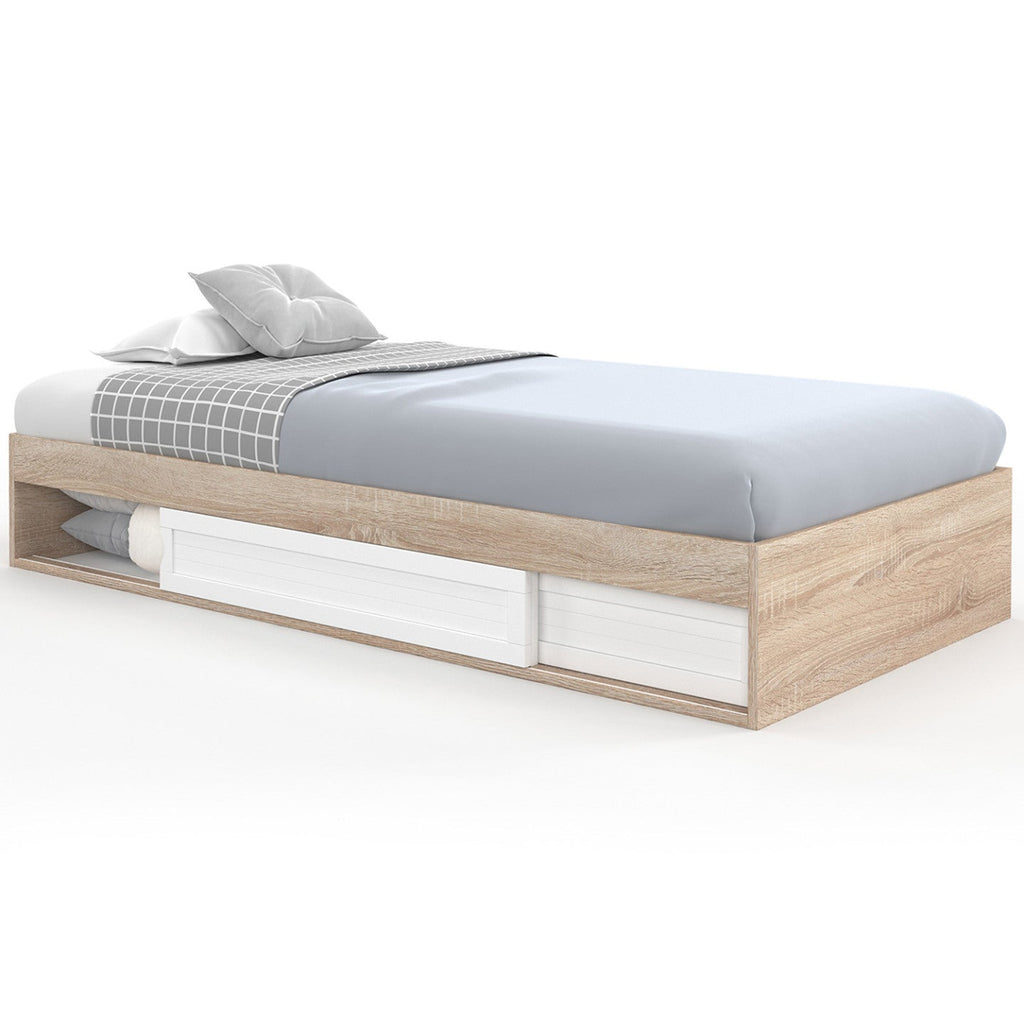 Cadre de lit simple SALEM avec rangement et sommier 90 x 190 cm décor hêtre et blanc