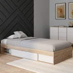 Cadre de lit simple SALEM avec rangement et sommier 90 x 190 cm décor hêtre et blanc