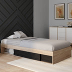 Cadre de lit simple SALEM avec rangement et sommier 90 x 190 cm, décor hêtre et noir