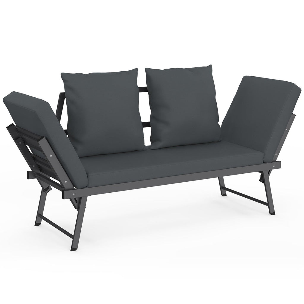 Canapé de jardin, banquette convertible NOLA 2/3 places avec accoudoirs inclinables en métal et coussins gris anthracite