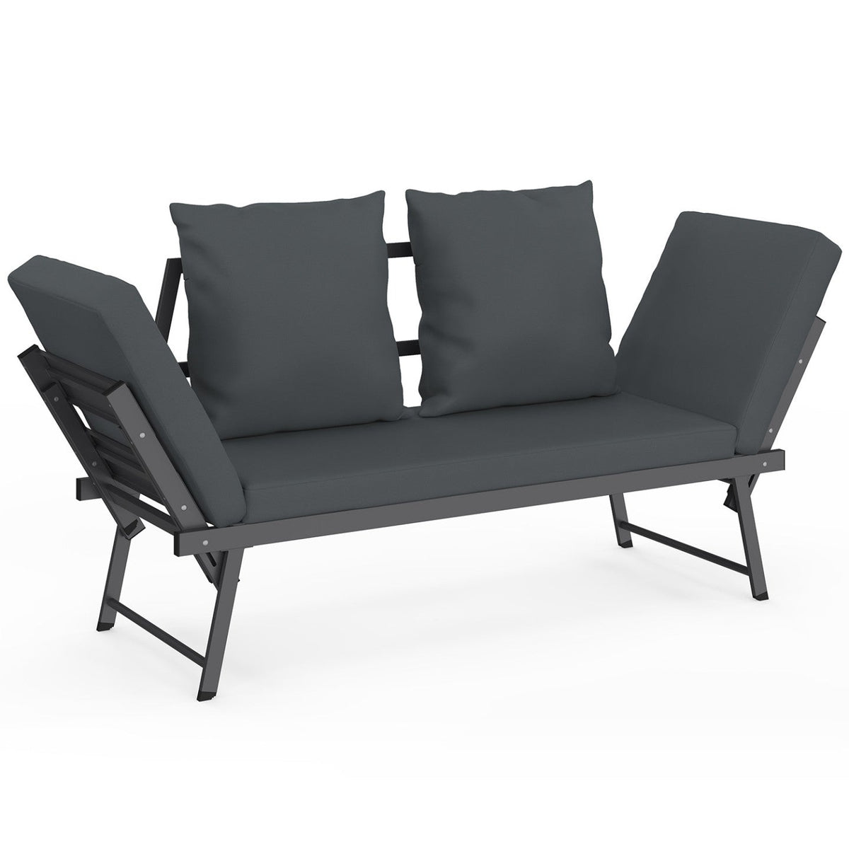 Canapé de jardin, banquette convertible NOLA 2/3 places avec accoudoirs inclinables en métal et coussins gris anthracite