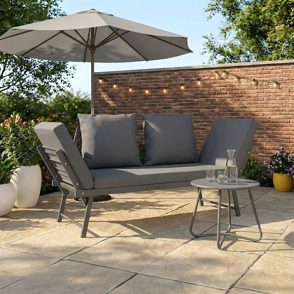Canapé de jardin, banquette convertible NOLA 2/3 places avec accoudoirs inclinables en métal et coussins gris anthracite