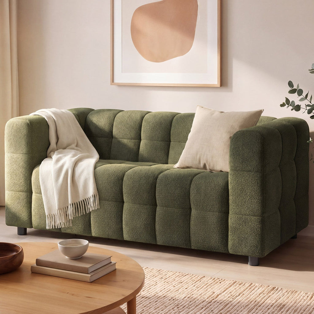 AMANCE 2-seater tufted straight sofa in khaki green chenille fabric
