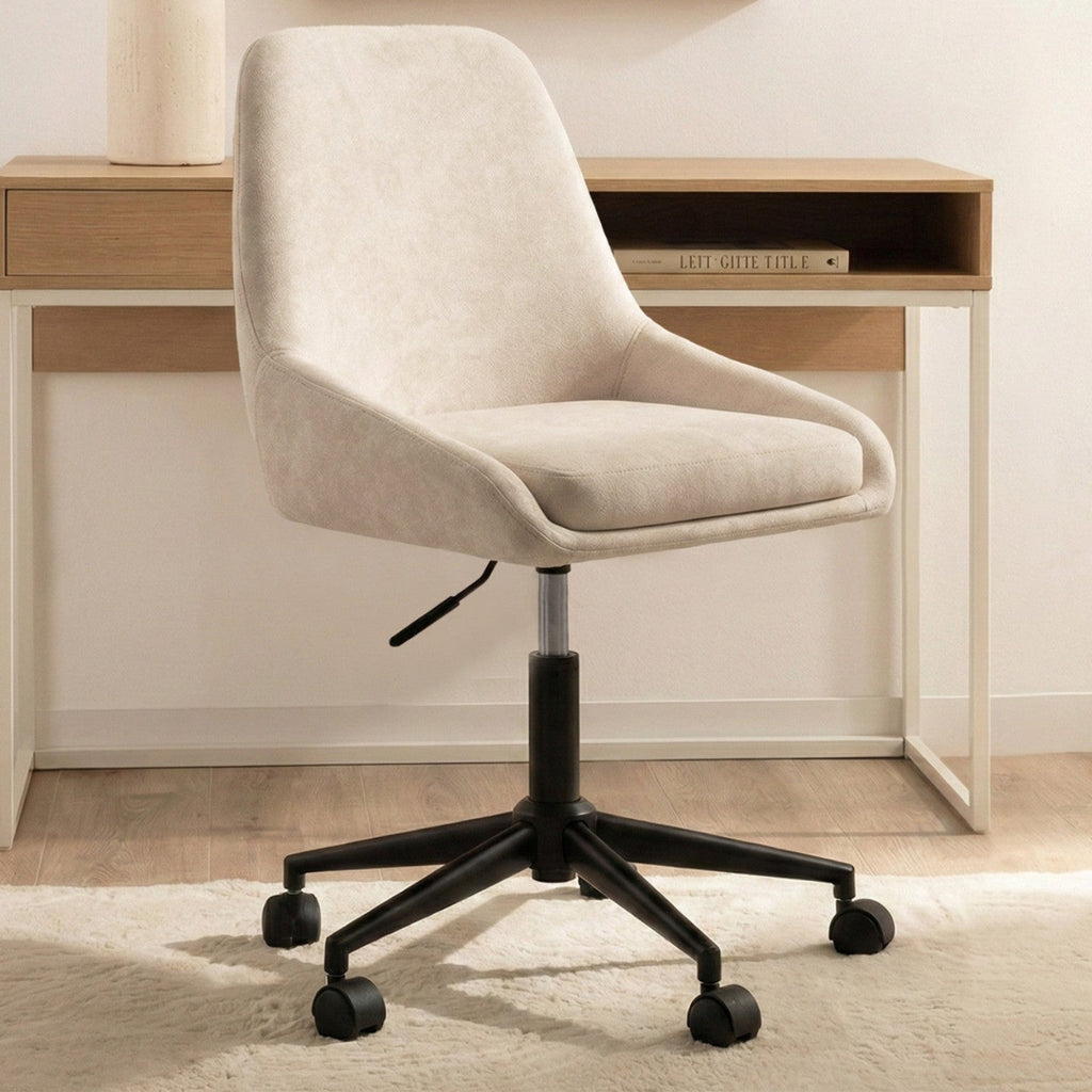 Chaise de bureau pivotante MARTIN en tissu chenille beige, réglable en hauteur et sur roulettes