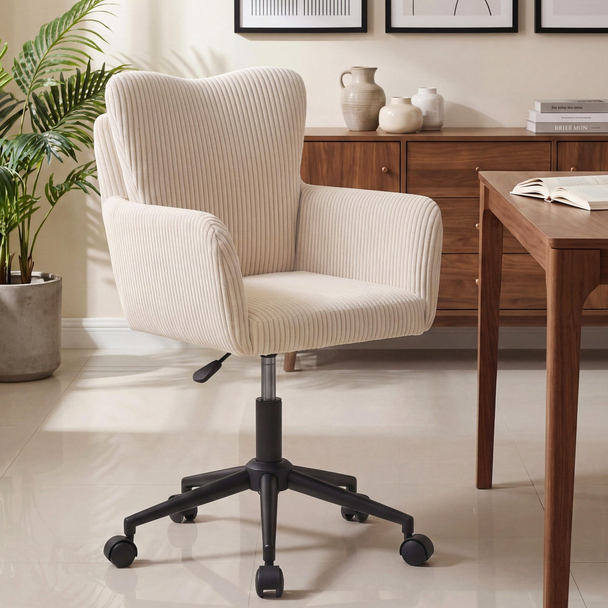 Chaise de bureau ZACK en velours côtelé beige avec coussin, pivotante, réglable en hauteur et sur roulettes