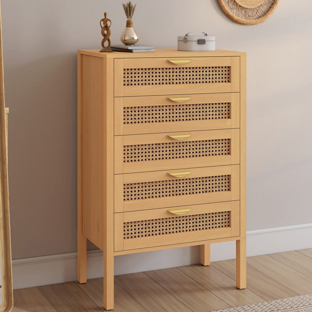 Chiffonnier 5 tiroirs EDHEN 60x40x100 cm commode semainier bois et effet cannage