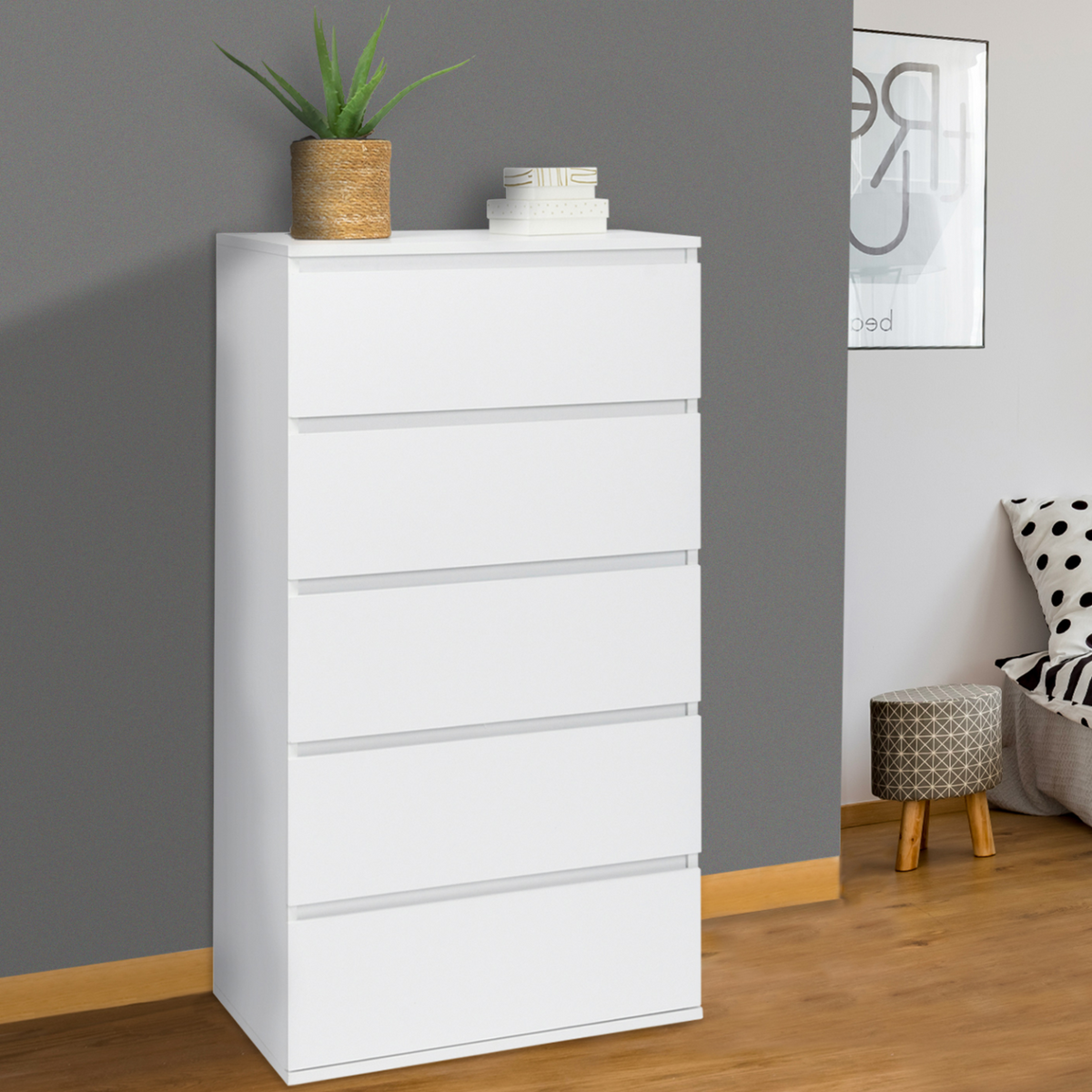 Chiffonnier 5 tiroirs TOMI 60x40x100 cm commode semainier bois blanc