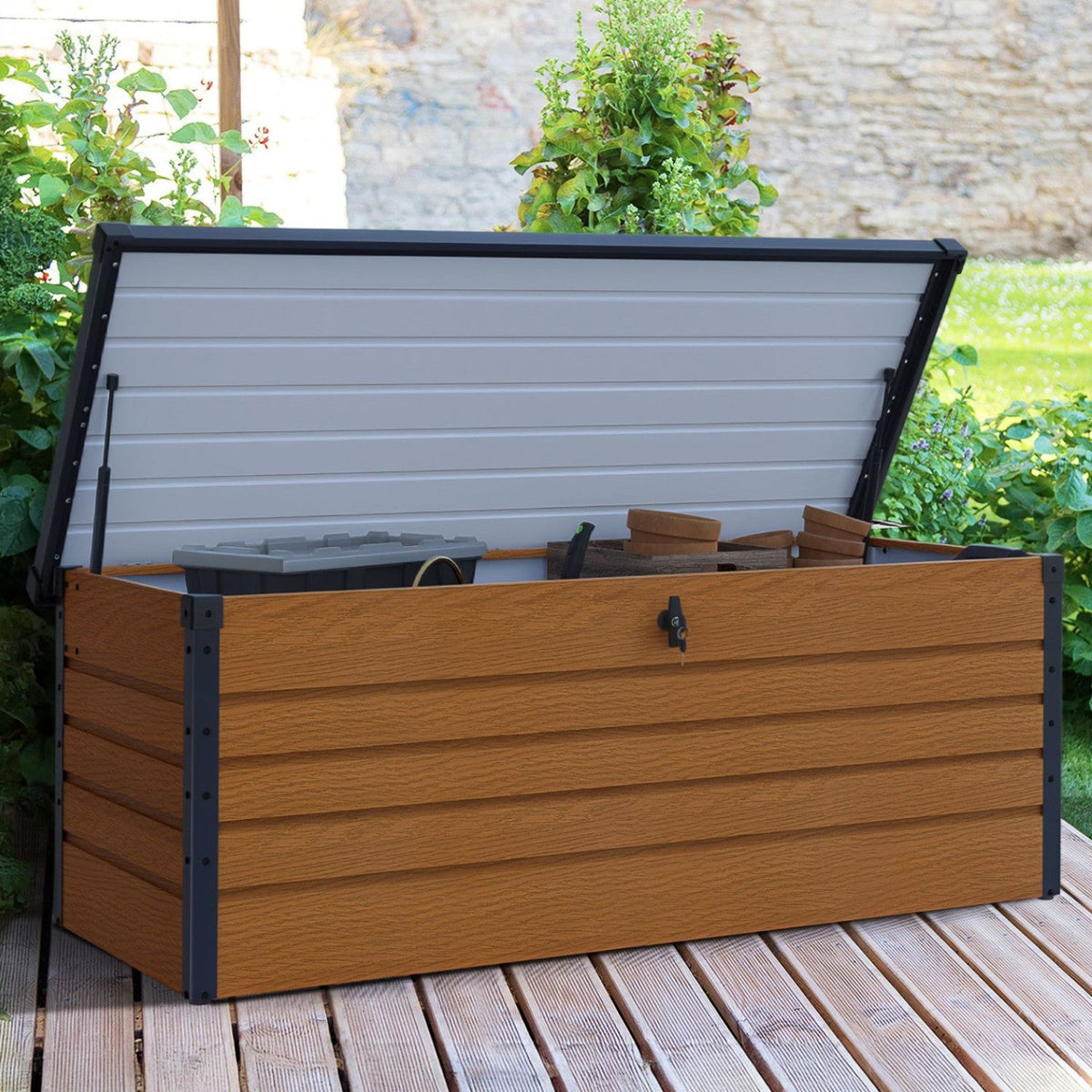 Coffre de rangement verrouillable en métal, aspect bois et gris, pour jardin, 600 L, 165x70x63 cm