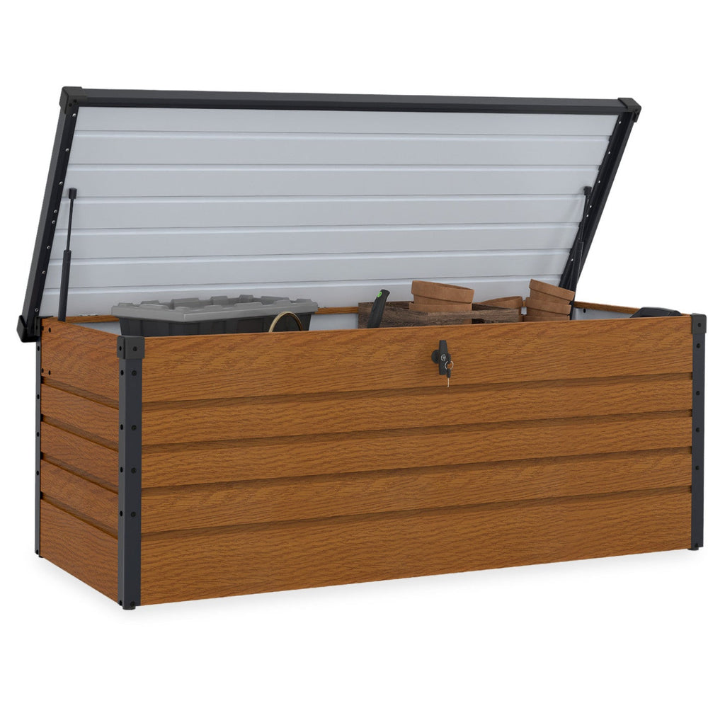 Coffre de rangement verrouillable en métal, aspect bois et gris, pour jardin, 600 L, 165x70x63 cm