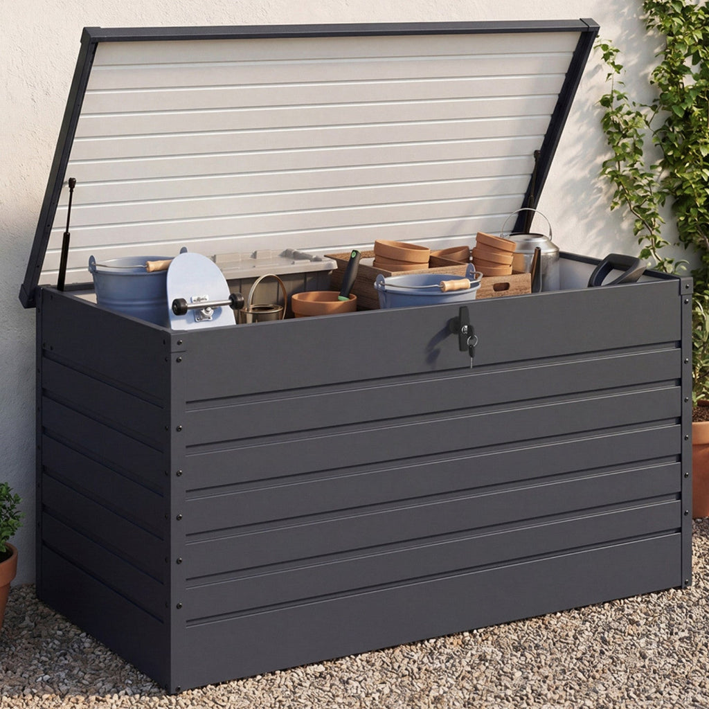 Coffre de rangement en métal verrouillable gris anthracite pour jardin 1250 L 175x95x90 cm