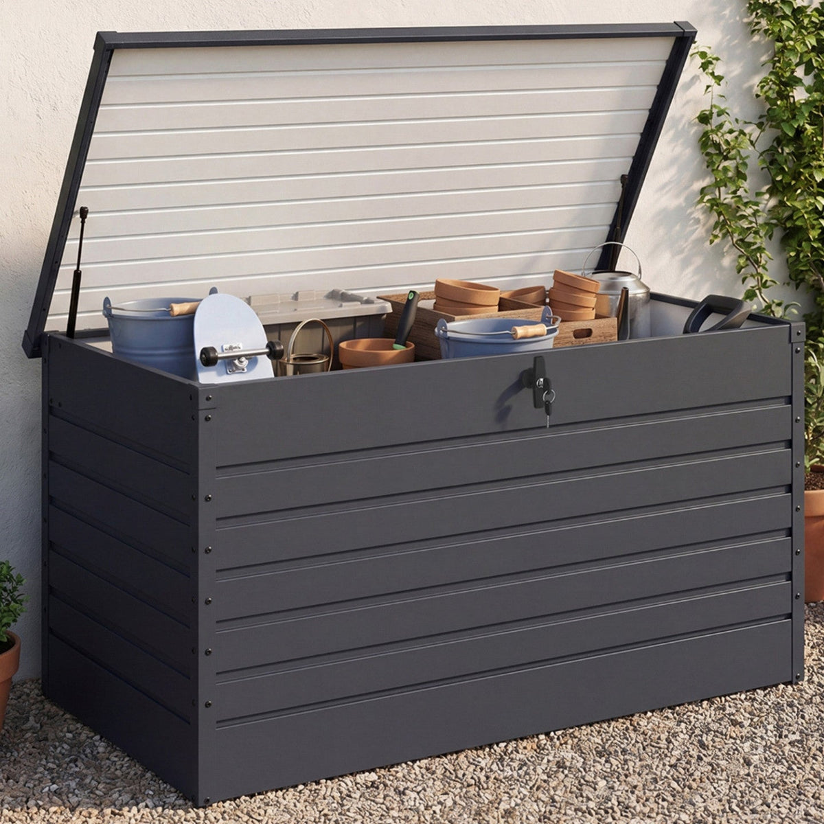 Coffre de rangement en métal verrouillable gris anthracite pour jardin 1250 L 175x95x90 cm