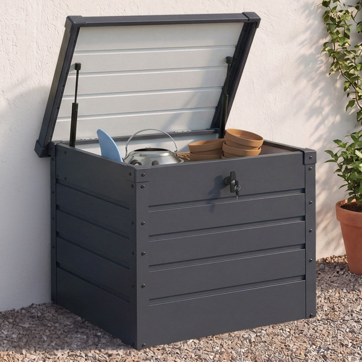 Coffre de rangement de jardin verrouillable en métal gris anthracite 200 L 68x62,5x63 cm