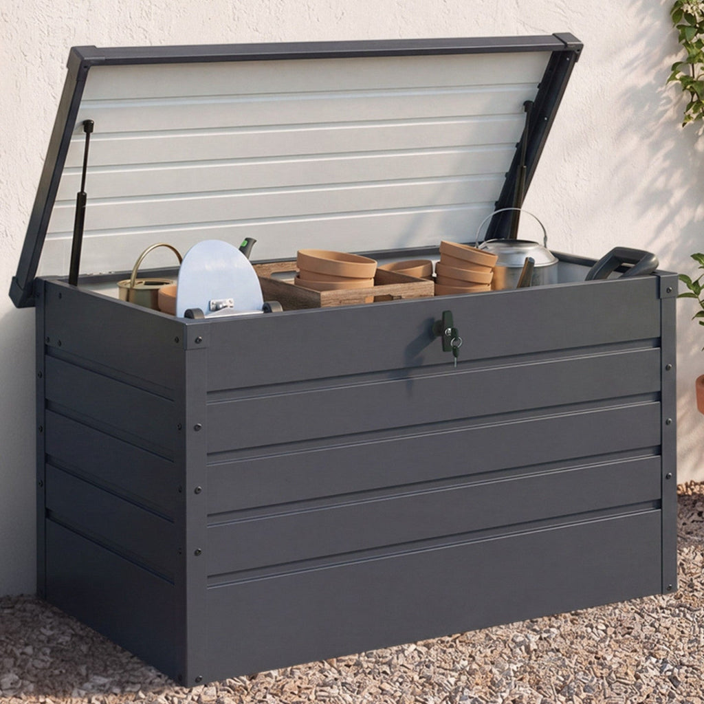Coffre de rangement de jardin verrouillable en métal gris anthracite 350 L 120 x 62,5 x 63 cm