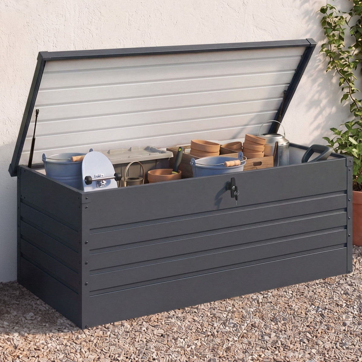 Coffre de rangement en métal verrouillable gris anthracite pour jardin 600 L 165x70x63 cm
